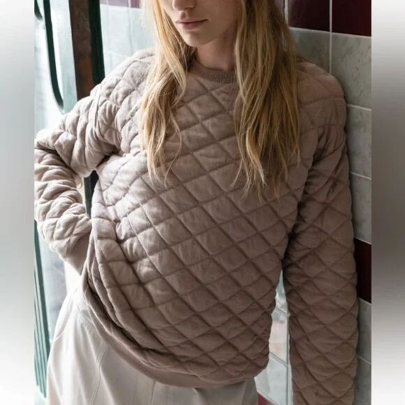 ZARA Quilted Light Crewneck Sweatshirt Brown Medium - Picture 1 of 5